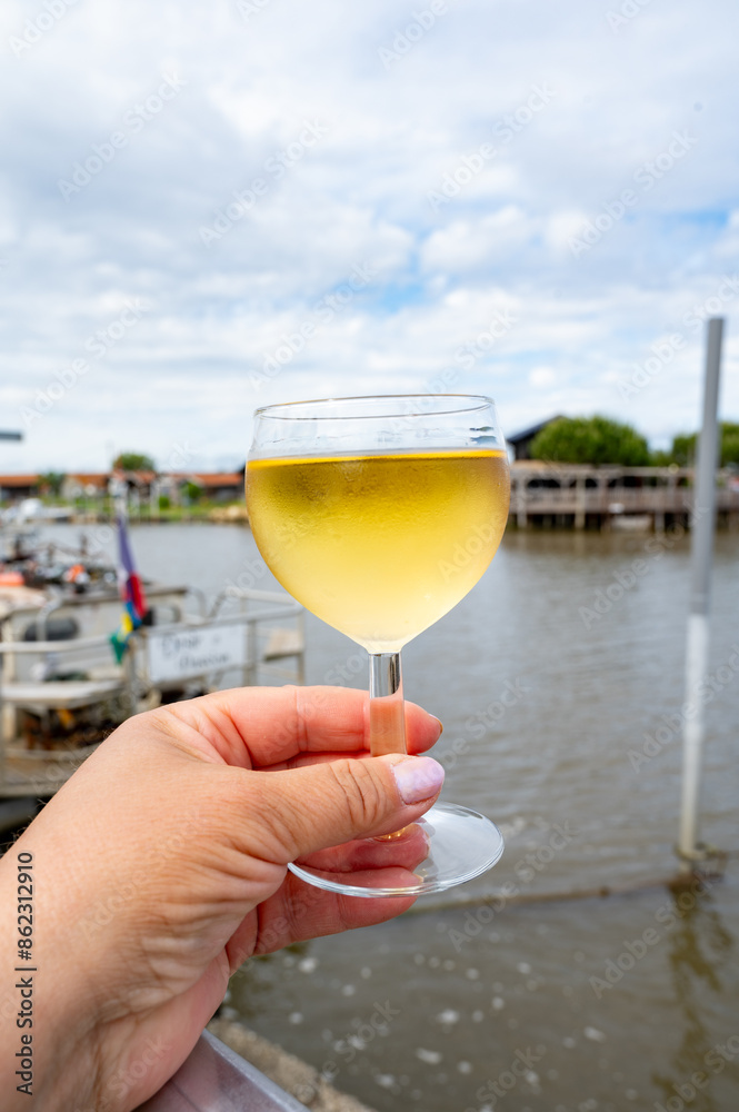 Obraz premium Tasting of Bordeaux white wine, right bank of Gironde Estuary, France. Glasses of white sweet French wine served in outdoor restaurant on oysters farm in Gujan-Mestras, Arcachon bay