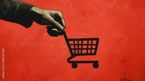 Illustration of a man's hand interacting with a shopping cart symbol, emphasizing the role of consumption and purchasing power in contemporary culture and economics.