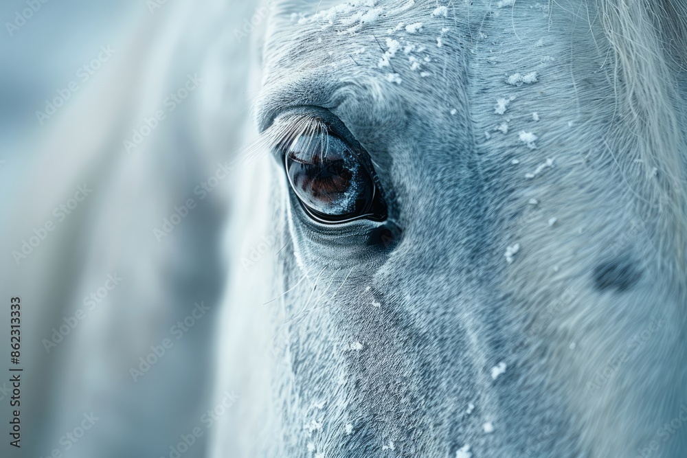 Fototapeta premium Surreal white horse face, professional camera lens