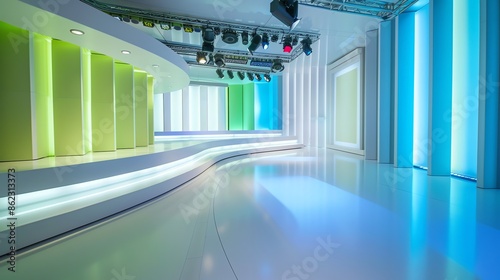 background studio television modern green screen, a photo of a bright television studio, colour palette of , , curved, low angle, background for green screen, modern, green and blue, 16:9