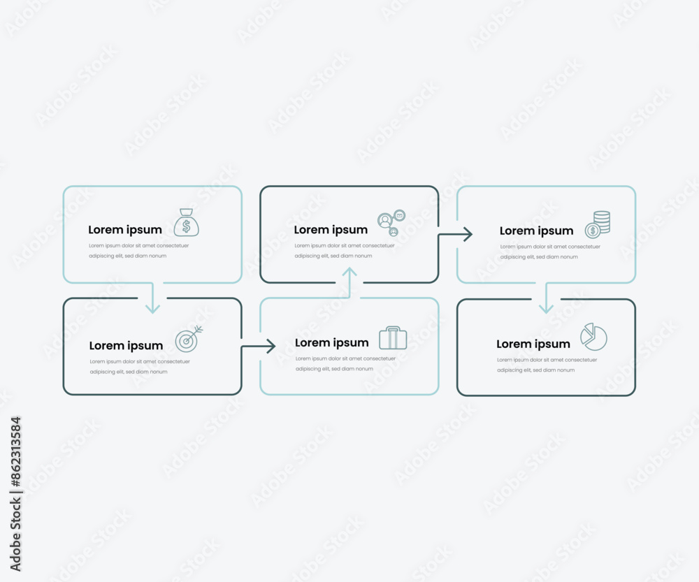 Infographic template with six elements with place for your text and icons, workflow, process chart, steps or options Infographic template with six elements with place for your text and icons, workflow, process chart, steps or options