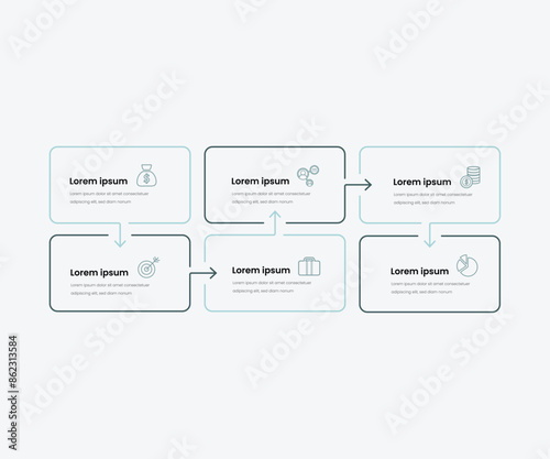 Infographic template with six elements with place for your text and icons, workflow, process chart, steps or options 