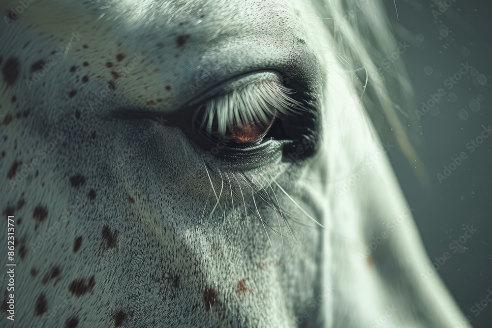 Fototapeta premium Surreal white horse face, professional camera lens