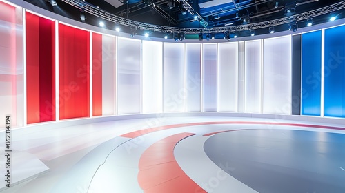 background studio television modern green screen, a photo of a bright television studio, colour palette of , red and white, curved, low angle, background for green screen, modern, 16:9, blue