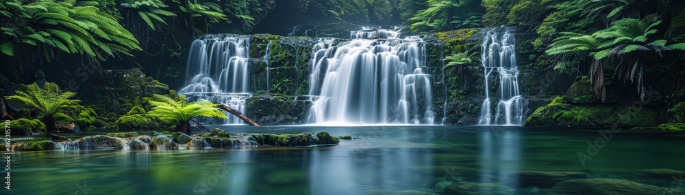 Obraz premium A tranquil waterfall cascading into a clear pool surrounded by lush tropical foliage, creating a serene and peaceful natural scene.