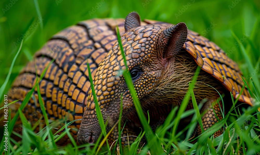 A large armadillo is sitting in the grass. A large armadillo is sitting in the grass.