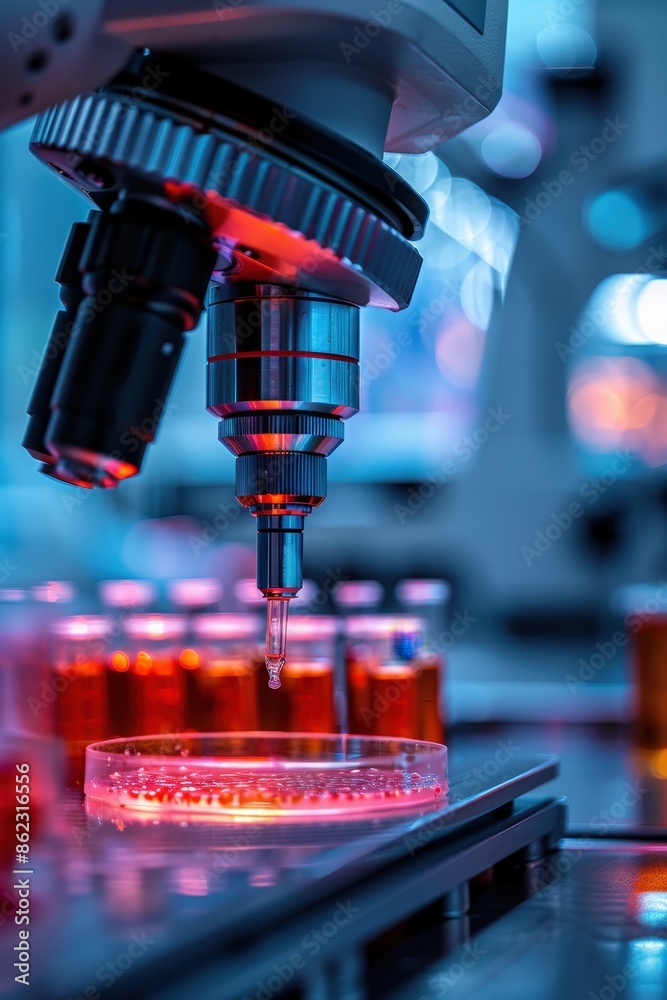 Detailed view of a microscope examining samples in a lab, highlighting scientific research and laboratory equipment. Detailed view of a microscope examining samples in a lab, highlighting scientific research and laboratory equipment.