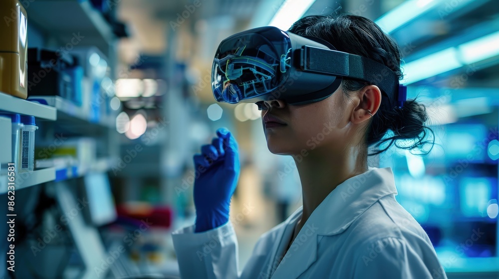A scientist wearing a virtual reality headset conducts research in a high-tech laboratory, showcasing innovation in science and technology. A scientist wearing a virtual reality headset conducts research in a high-tech laboratory, showcasing innovation in science and technology.