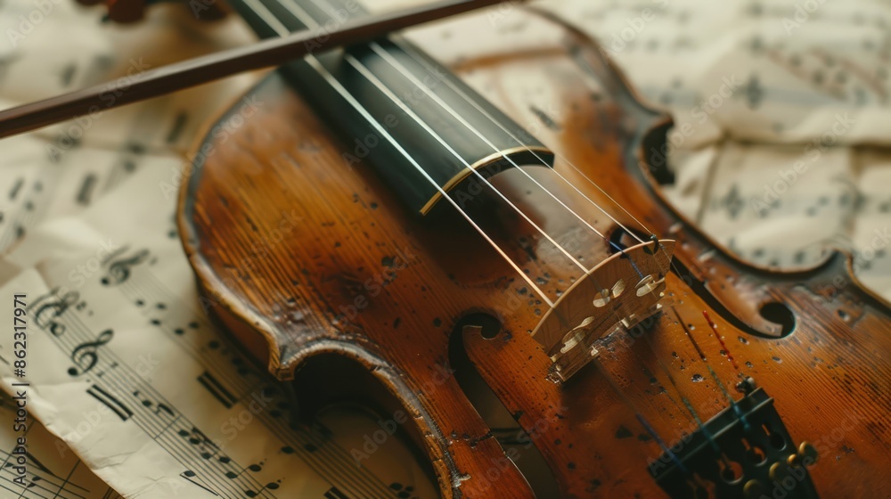 Fototapeta premium A violin is sitting on top of sheet music. Generate AI image