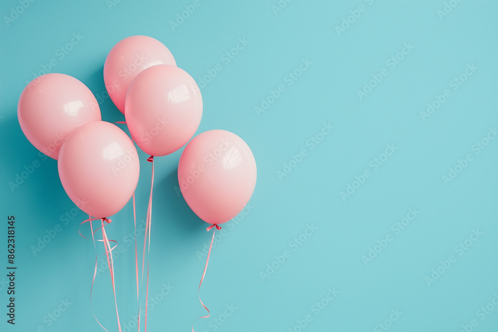 Bunch of festive pink balloons on a blue background. Birthday, holiday, celebration. Copyspace for your text. Banner, card. Bunch of festive pink balloons on a blue background. Birthday, holiday, celebration. Copyspace for your text. Banner, card.