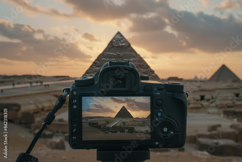 A digital DSLR camera on a tripod Photographing The red north pyramid of Dahshur of king Sneferu, named for the rusty reddish hue of its red limestone stones, also called the bat pyramid photo