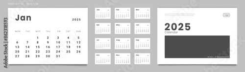 Set of 2025 Pages Monthly Calendar Planner Templates, Cover with Place for Photo, Company Logo. Vector pages for wall or desk minimalist calendar. Page size A4-21x29.7cm for Print. Week start Monday