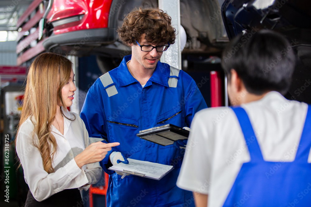 Obraz premium Man garage worker and woman customer talking to discuss details of car repairs. male mechanic holding clipboard and writes down repair list for female client. Transportation and car insurance concept