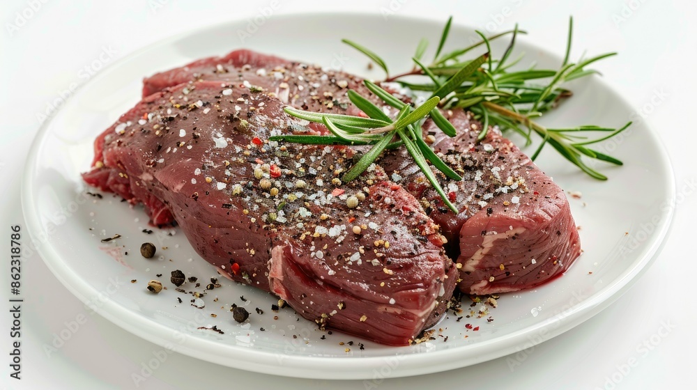 Raw tri-tip steak seasoned with salt and pepper on a white plate, isolated view Raw tri-tip steak seasoned with salt and pepper on a white plate, isolated view