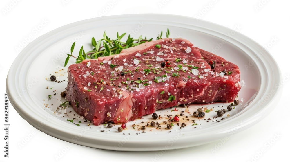 Raw tri-tip steak seasoned with salt and pepper on a white plate, isolated view