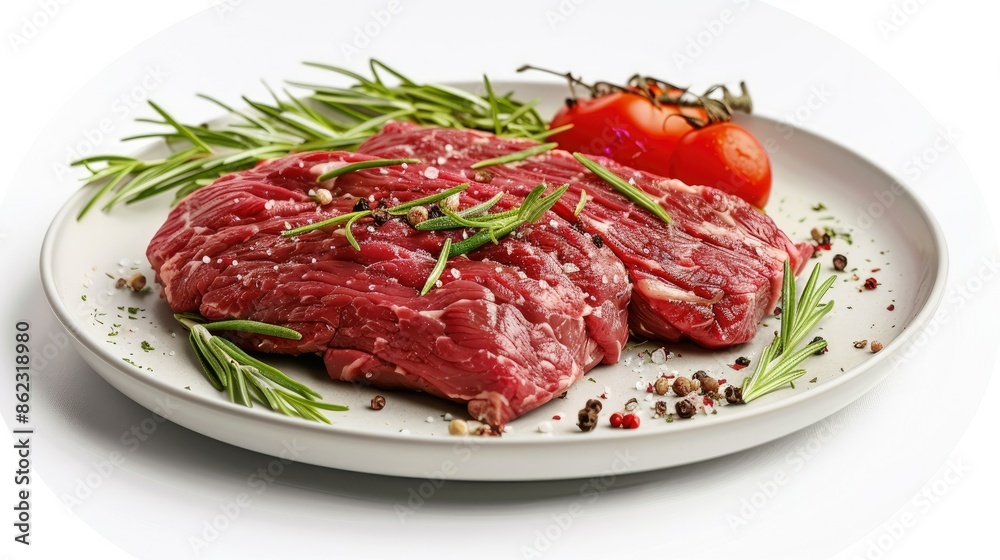 Raw tri-tip steak with fresh herbs and spices on a plate, isolated background Raw tri-tip steak with fresh herbs and spices on a plate, isolated background