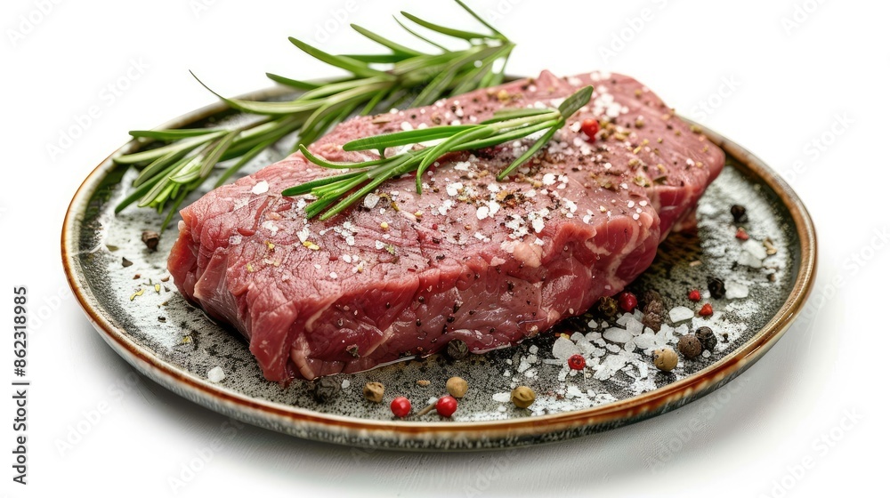 Raw tri-tip beef steak with salt, pepper, and rosemary on a plate, isolated Raw tri-tip beef steak with salt, pepper, and rosemary on a plate, isolated