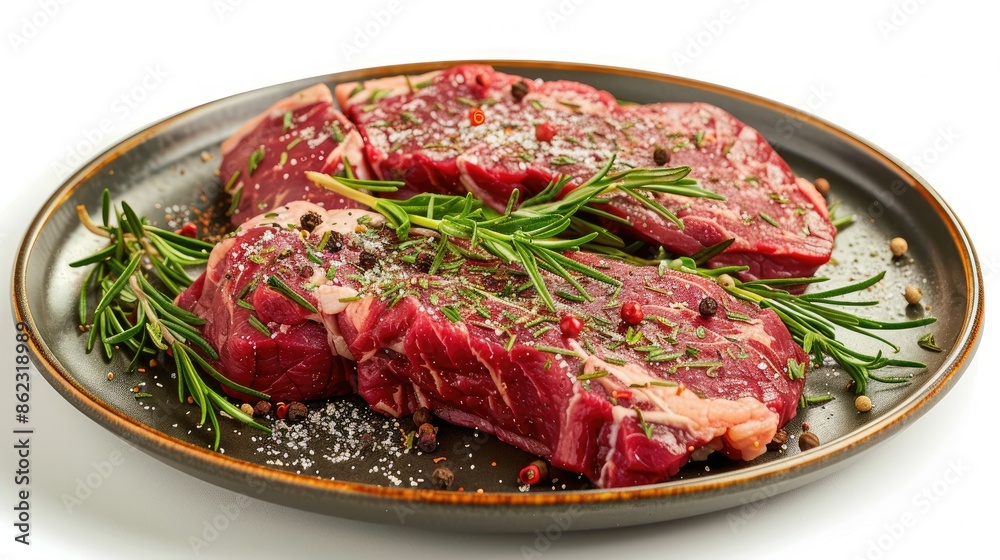 Raw tri-tip steak with fresh herbs and spices on a plate, isolated background Raw tri-tip steak with fresh herbs and spices on a plate, isolated background