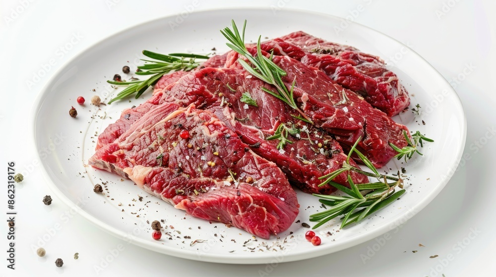 Raw tri-tip steak with herbs and spices on a white plate, ready to cook, isolated Raw tri-tip steak with herbs and spices on a white plate, ready to cook, isolated