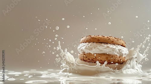 Sandwich cookie creating a splash in milk, with droplets flying, isolated