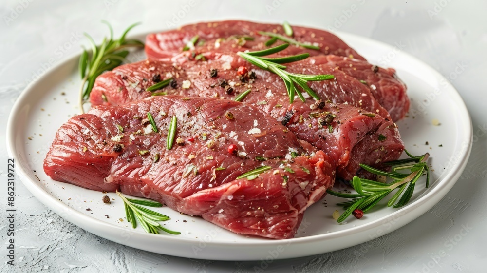 Seasoned raw tri-tip steak with fresh herbs on a white plate, isolated background Seasoned raw tri-tip steak with fresh herbs on a white plate, isolated background