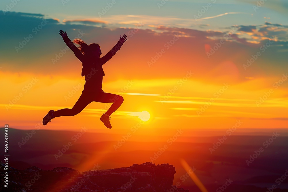 Fototapeta premium Happy woman jumping and sunset silhouette
