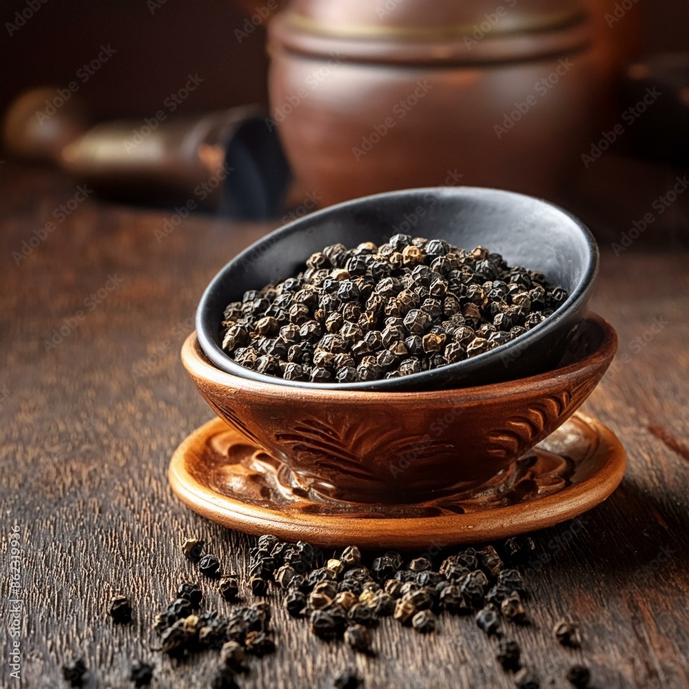 Black pepper or peppercorns in bowl Black pepper or peppercorns in bowl