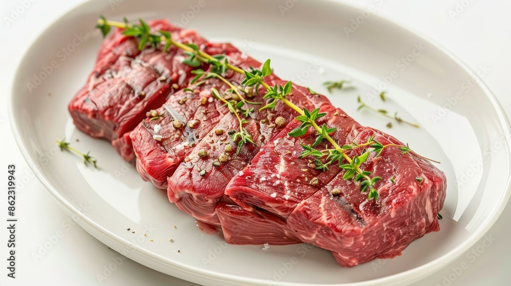 Seasoned raw tri-tip steak with fresh thyme on a white plate, isolated background Seasoned raw tri-tip steak with fresh thyme on a white plate, isolated background