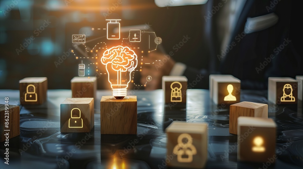 custom made wallpaper toronto digitalAn artistic representation of artificial intelligence innovation, featuring a lightbulb containing a digital brain and surrounded by human icons in wooden blocks.