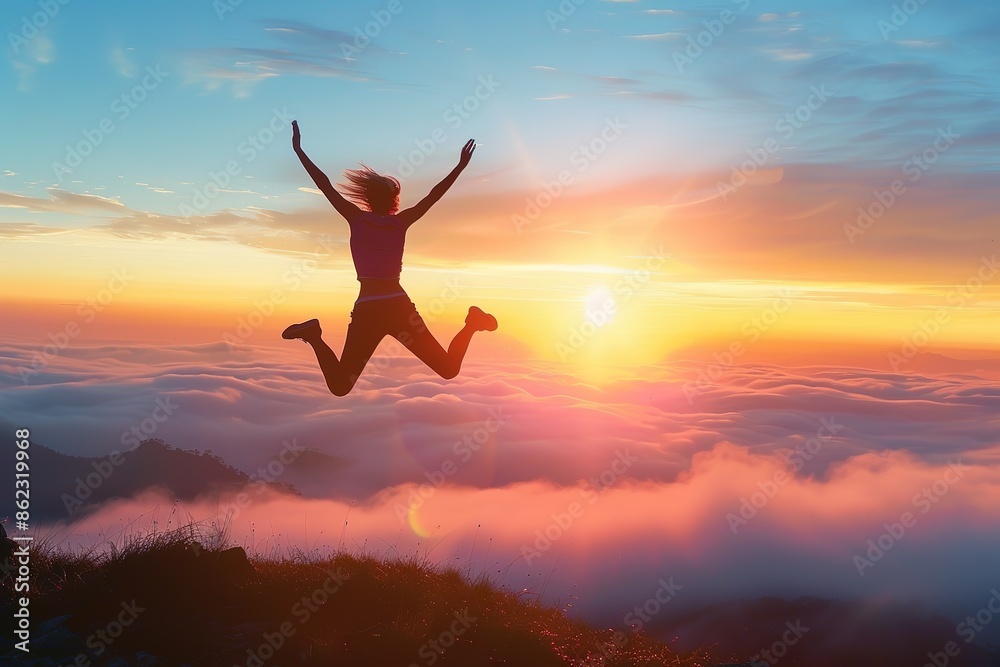 Happy woman jumping and sunset silhouette Happy woman jumping and sunset silhouette