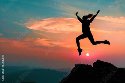 Happy woman jumping and sunset silhouette © Jahid CF 5327702