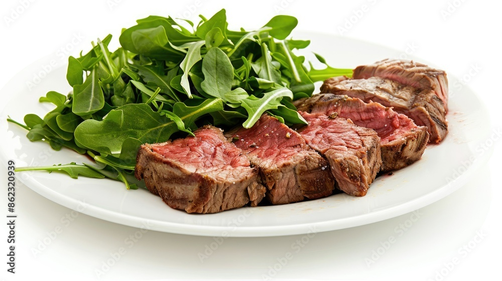 Sliced beef steak with a side of greens on a white plate, isolated on white Sliced beef steak with a side of greens on a white plate, isolated on white