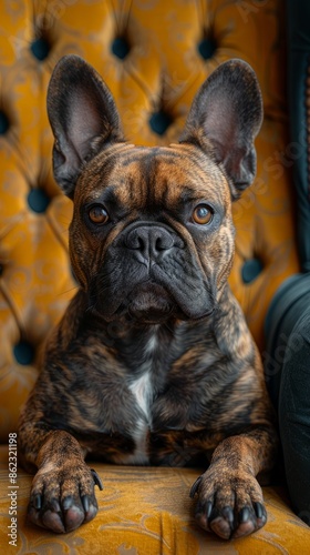 French Bulldog King on the throne of dark evil, film, photo realism photo