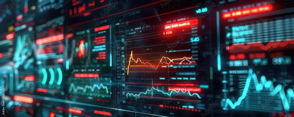 Abstract digital stock market and analysis concept with futuristic data and graphs displaying financial information on a screen. Abstract digital stock market and analysis concept with futuristic data and graphs displaying financial information on a screen.