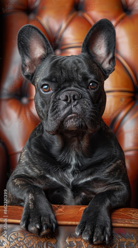 Obraz premium French Bulldog King on the throne of dark evil, film, photo realism