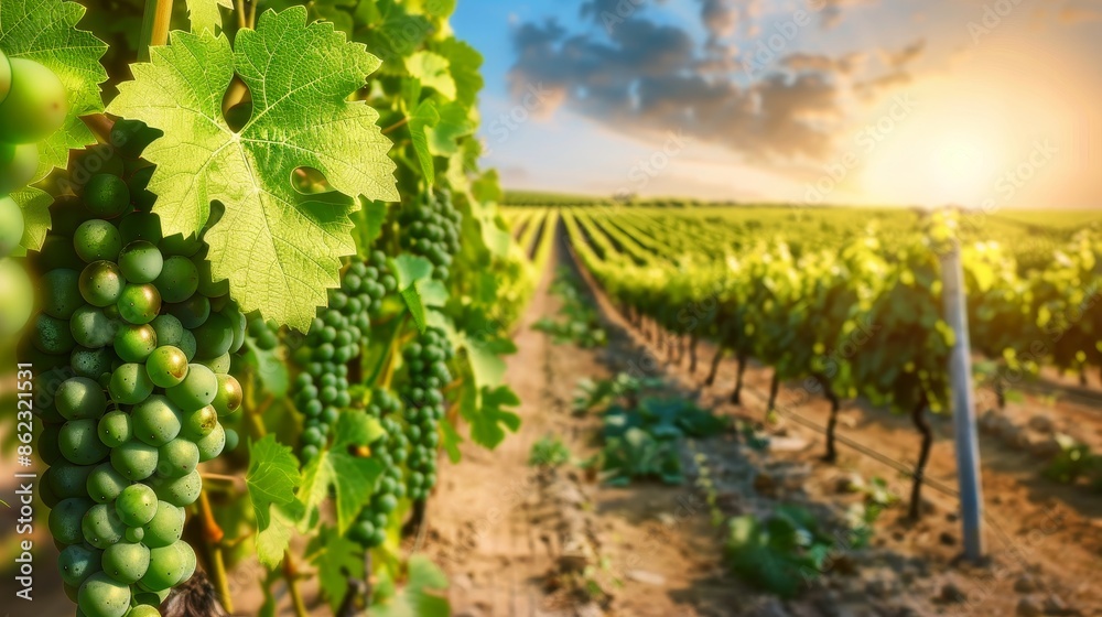 Fototapeta premium green grape vine close up with vineyard rows in the background at sunset.