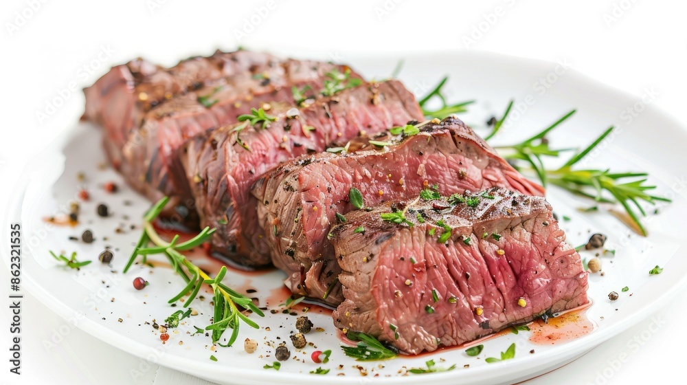 Tri-tip beef steak with seasoning and herbs on a plate, isolated on white Tri-tip beef steak with seasoning and herbs on a plate, isolated on white