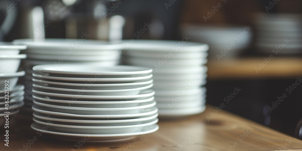 Stacks of clean white ceramic plates on a wooden table in a restaurant kitchen.  Concept of food service, hospitality, and cleanliness.
