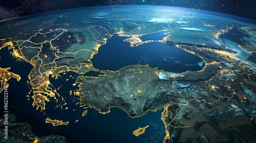A satellite photo of Turkey at night showcases the vibrant city lights sprawling across the country. This mesmerizing view highlights Turkey's strategic position, bridging Europe and the Middle East