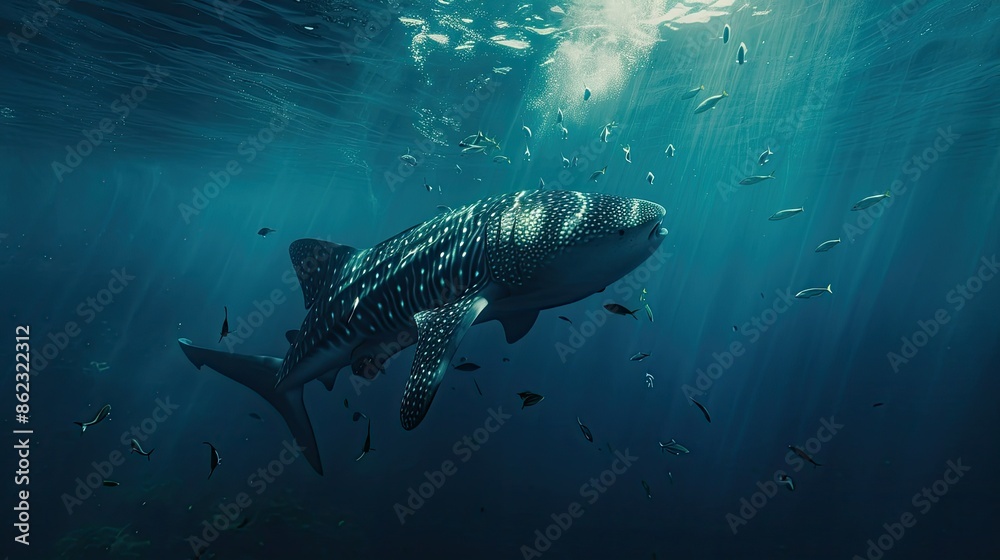 Fototapeta premium Whale shark swimming gracefully in deep blue waters, surrounded by smaller fish