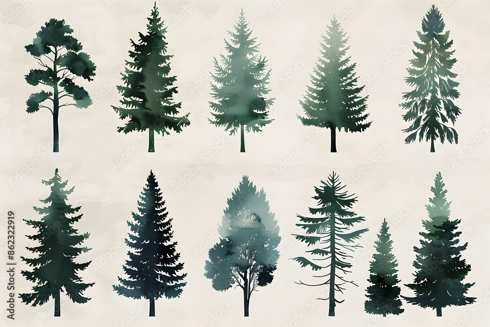 Obraz premium Watercolor Pine Tree Forest Collection with Silhouette Icons and Textured Background