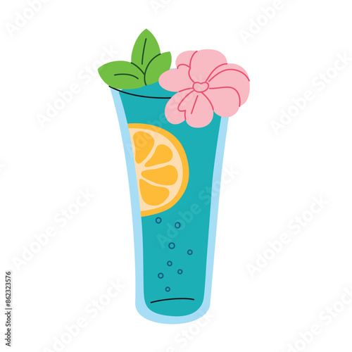 Vector illustration of mermaid lemonade drink in a glass with mint, lemon slice, flower garnish. Flat cartoon style, refreshing beverage for summer. Exotic and vibrant cocktail with blue curacao