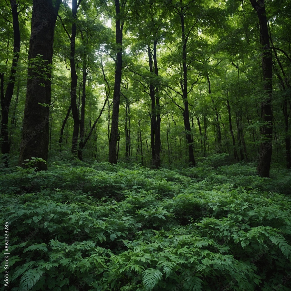 A dense forest with a canopy of green leaves.
A dense forest with a canopy of green leaves.