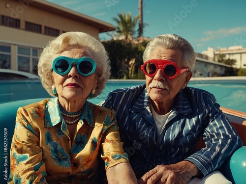 An elderly funky couple with kitschy retro clothing, wearing sunglasses and goggles, sit together inside, creating a fashionably artistic scene. photo