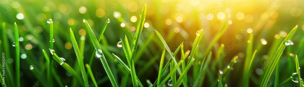 Fototapeta premium dew drops on green grass blades with sunlit bokeh.