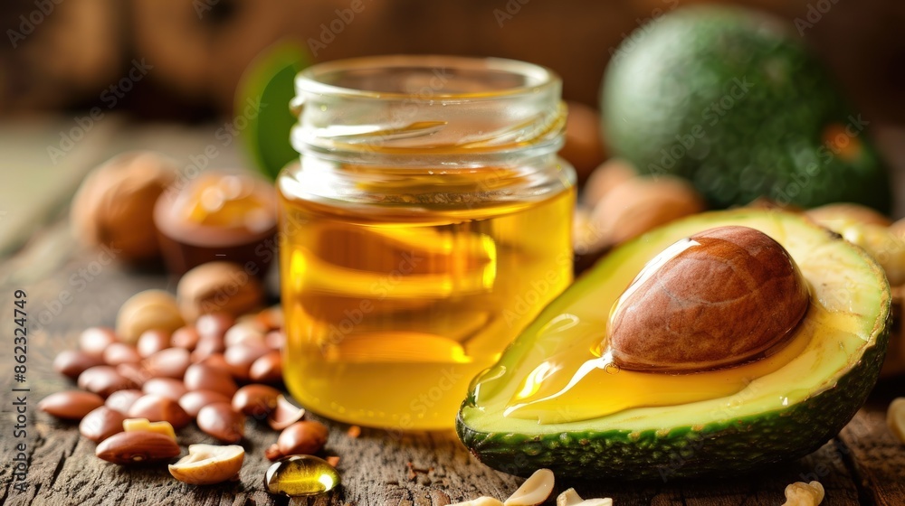 A jar of oil and a half avocado on a wooden table. Generate AI image A jar of oil and a half avocado on a wooden table. Generate AI image
