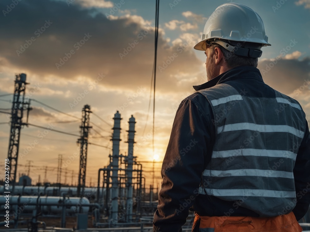 Back view of professional electrical engineer on energy station. Back view of professional electrical engineer on energy station.
