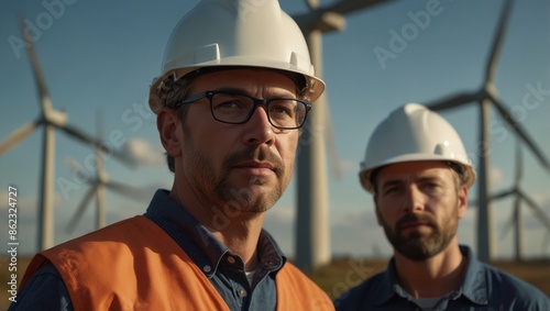 Attractive wind farm engineers looking over turbine placements. photo