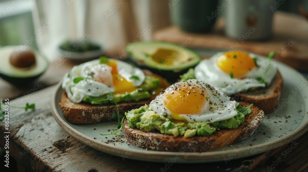 Minimalist Avocado Toast with Poached Eggs on Rustic Wooden Table Minimalist Avocado Toast with Poached Eggs on Rustic Wooden Table