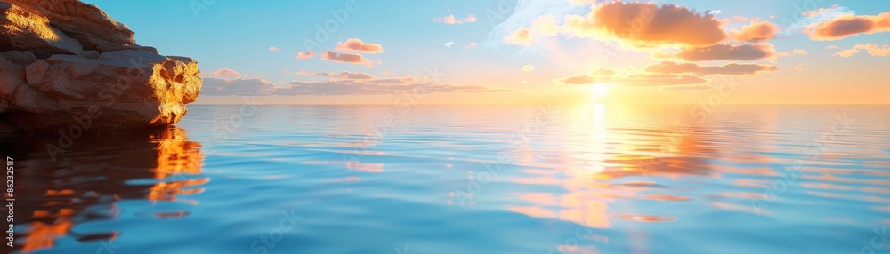 serene sunset reflection on calm ocean water with rock outcrop serene sunset reflection on calm ocean water with rock outcrop